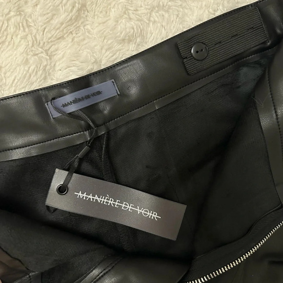 MANIERE DE VOIR - Tacked Vegan Leather Flared Trousers in Black - Picture 13 of 14